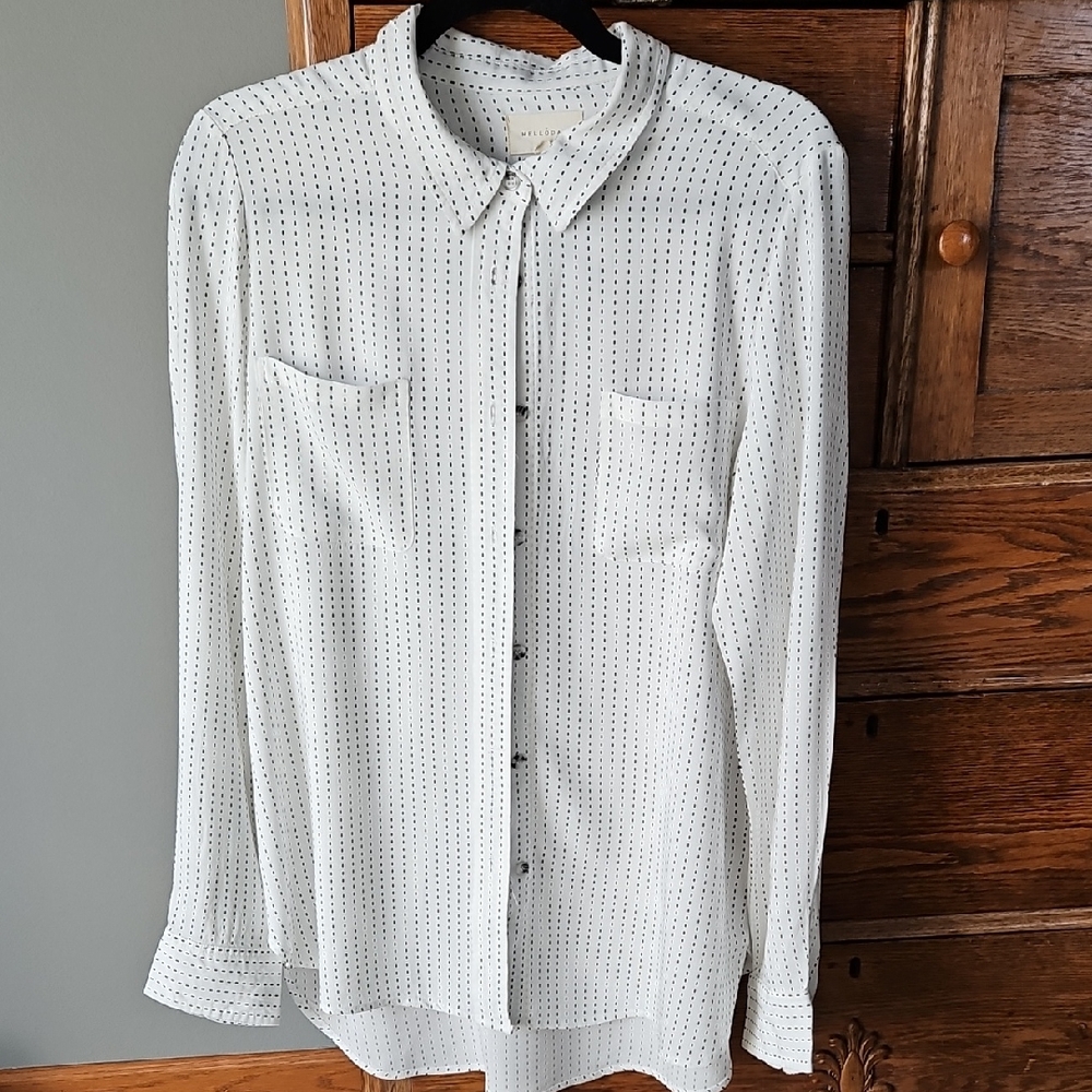 🌿 White and Black Women's Long Sleeve Blousy Top Shirt Size L 100% Rayon